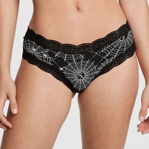 Victoria's Secret PINK Lace Waist Cheeky Panty Halloween Spider Web Black Small - Picture 1 of 6